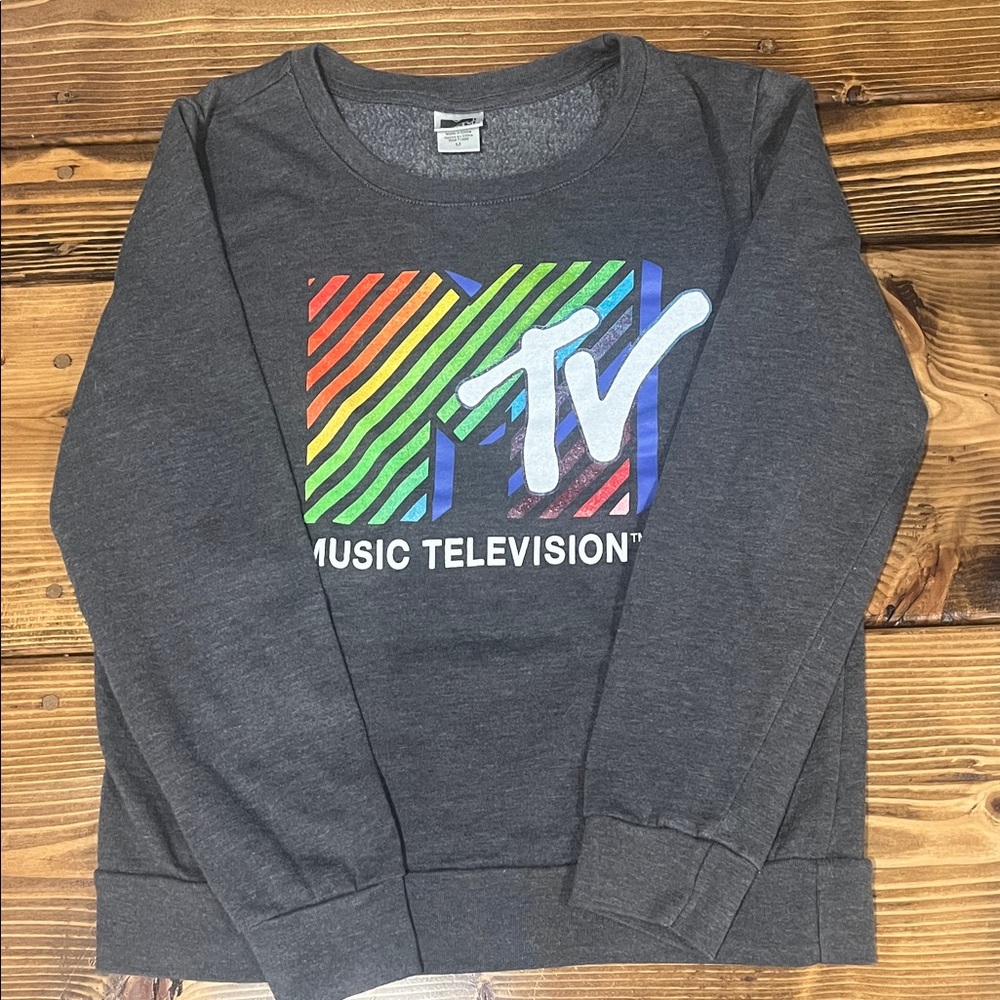 MTV Music Television Heather Grey Graphic Crew Neck Sweatshirt Rainbow logo